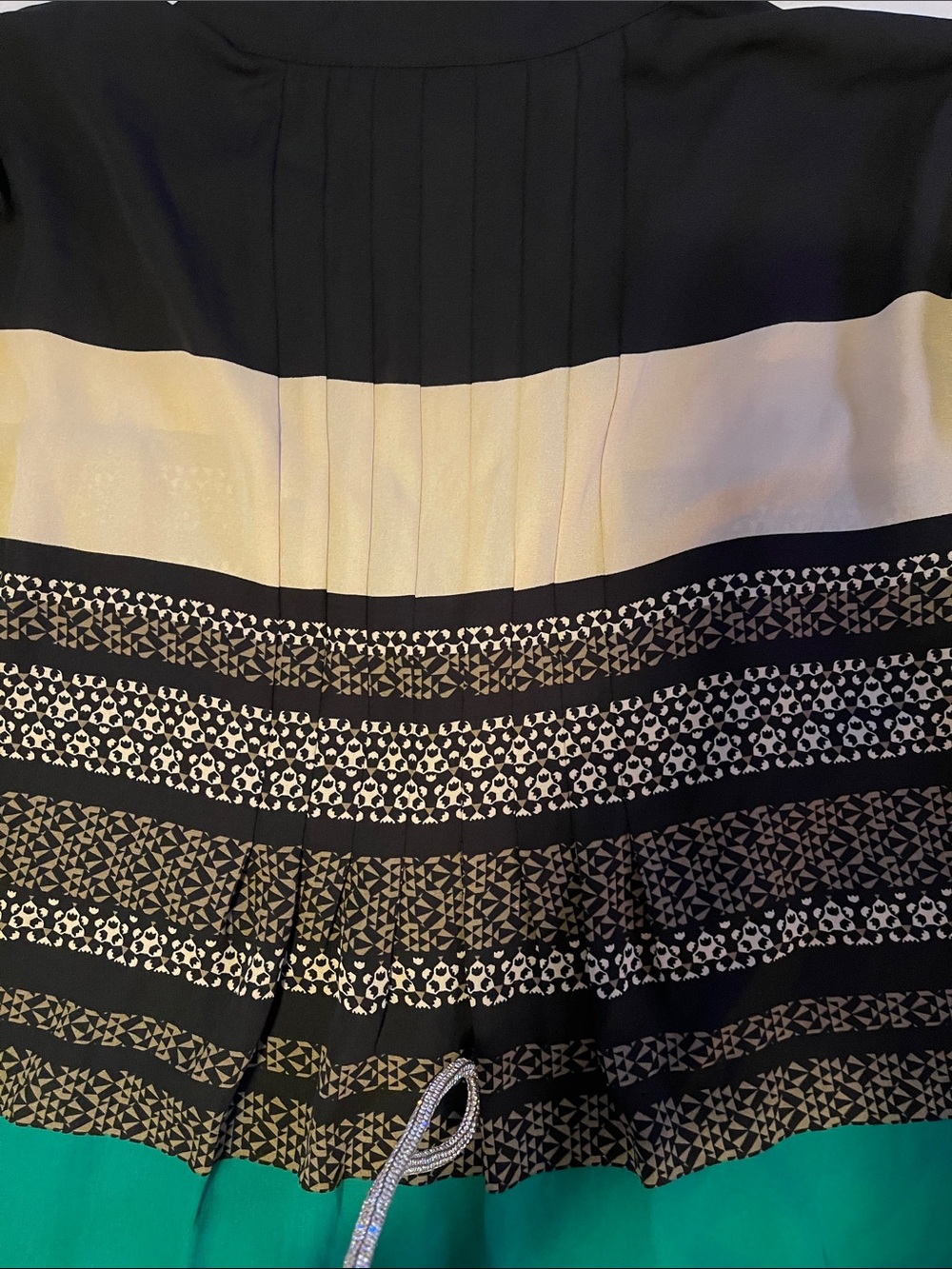 Alfani Black Green Cream Striped Button-Down Blouse - Picture 6 of 7